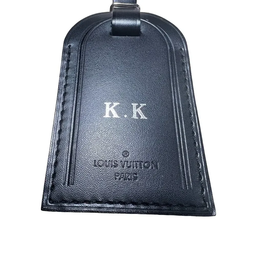Louis Vuitton Paris Black Leather Name Tag Silver tone Metal w/ KK Stamped